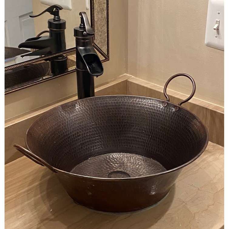 16" Rustic Circular Hand-Hammered Copper Vessel Sink with Handles