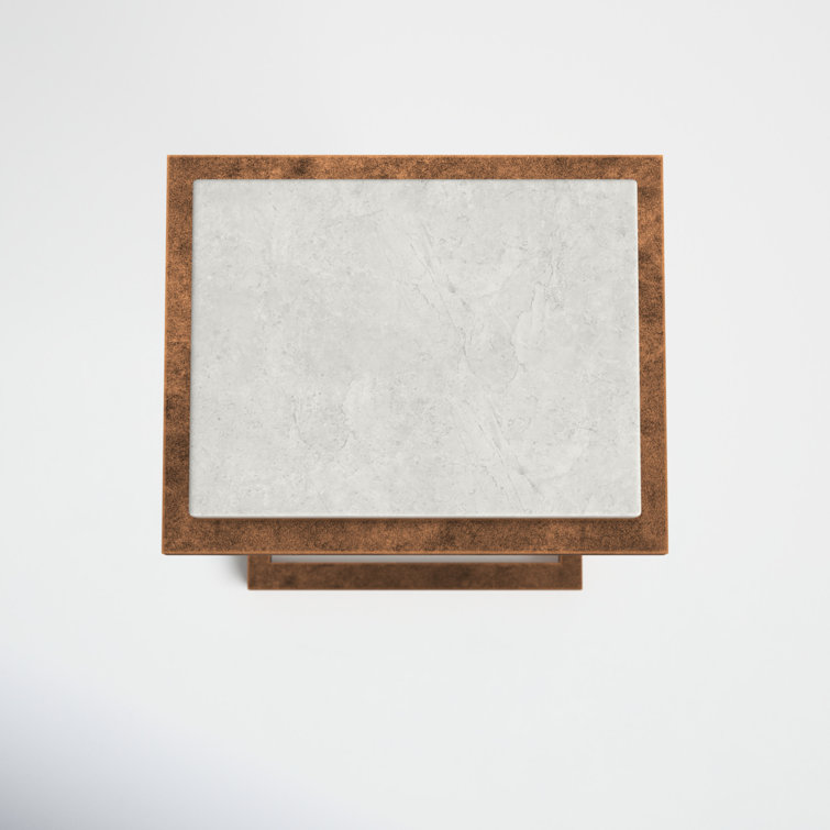 Petite White Stone and Antique Gold Metal Accent Table