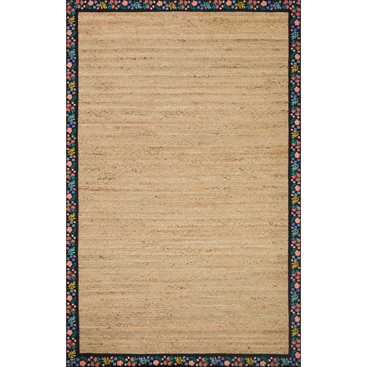 Natural Jute and Black Floral Hand Braided Rug