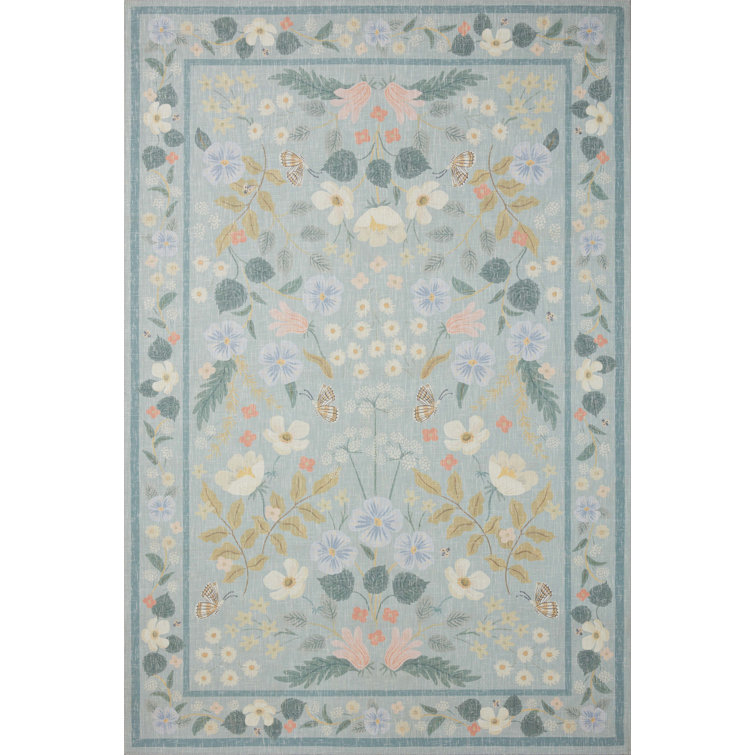 Sky Blue Floral Rectangular Wool Area Rug