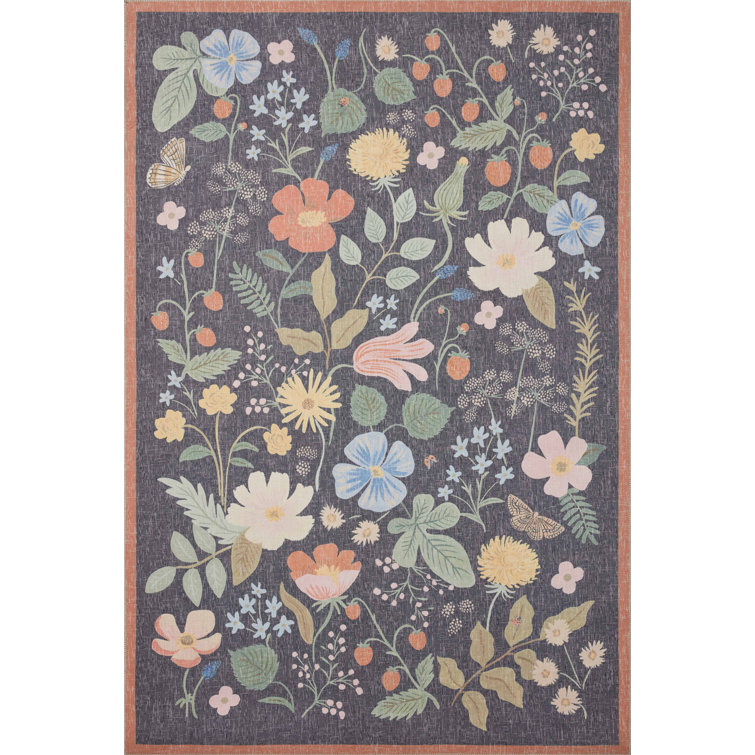 Black Floral Synthetic Flat Woven Rectangular Rug 3'-6" x 5'-6"