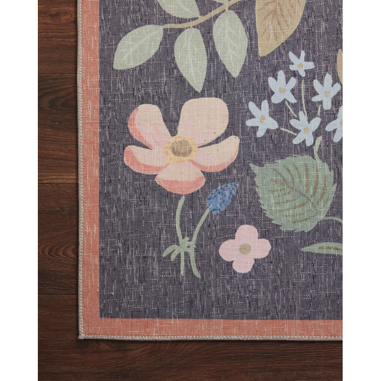 Black Floral Synthetic Flat Woven Rectangular Rug 3'-6" x 5'-6"