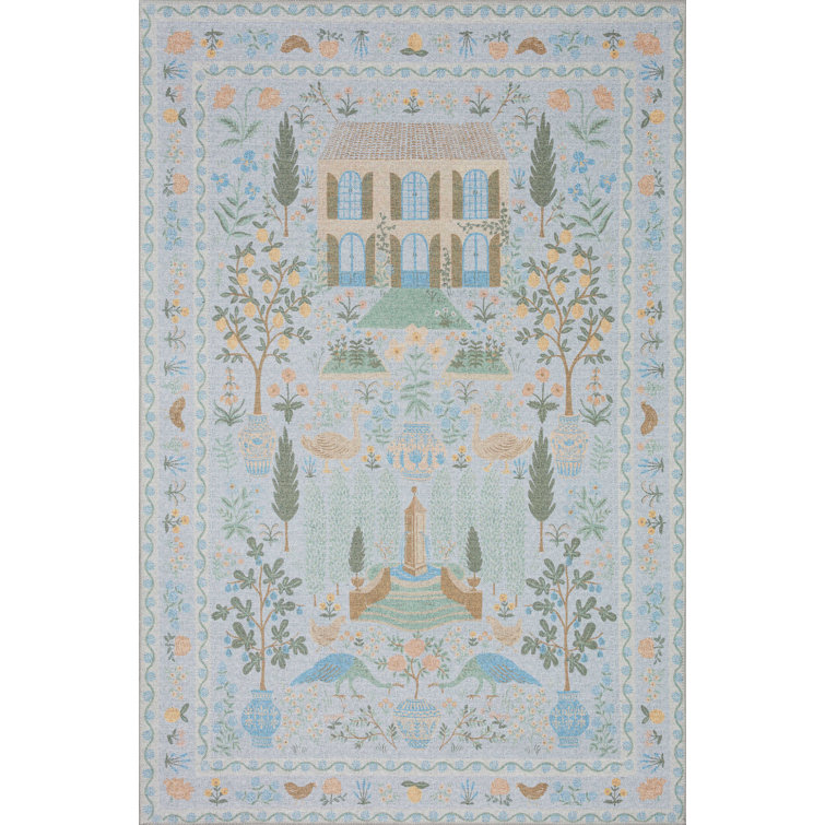 Light Blue Floral Synthetic Rectangular Rug 3'-9" x 5'-9"