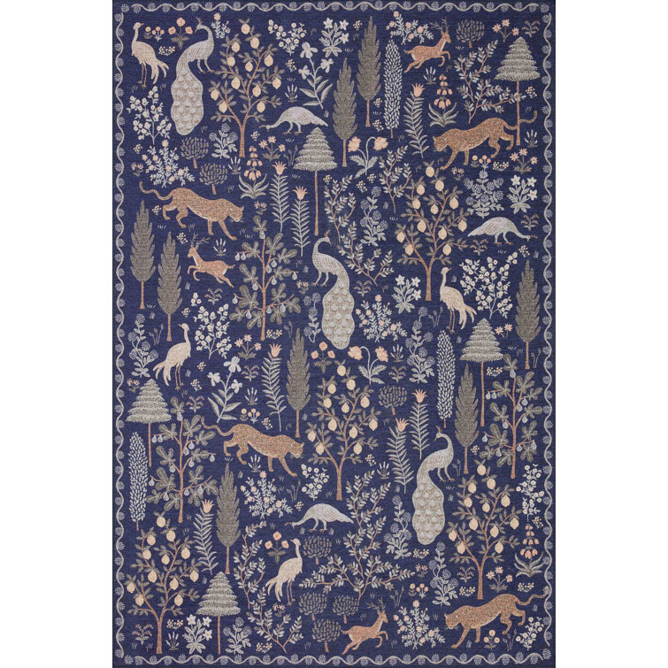 Navy Floral Synthetic Rectangular 5' x 7' Area Rug