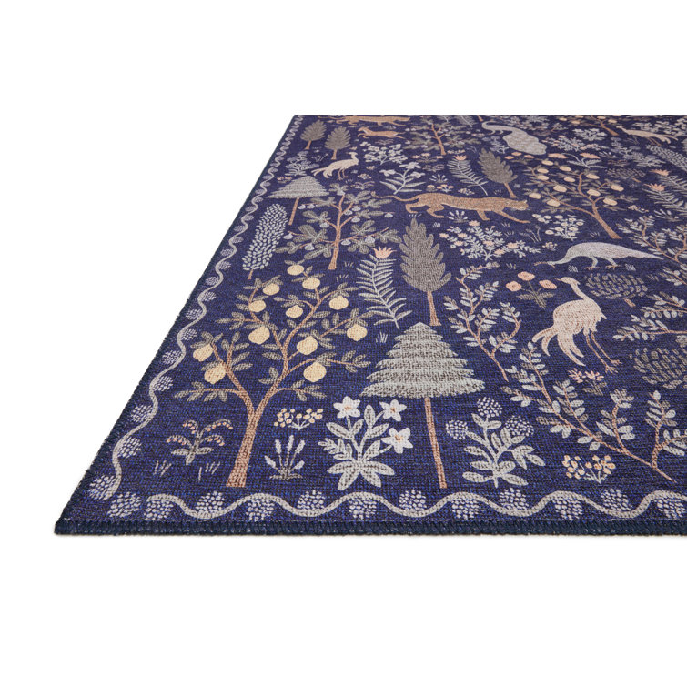 Navy Floral Whimsy Synthetic Rectangular Rug 3'9" x 5'9"
