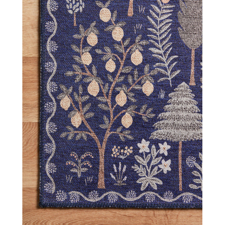 Navy Floral Whimsy Synthetic Rectangular Rug 3'9" x 5'9"