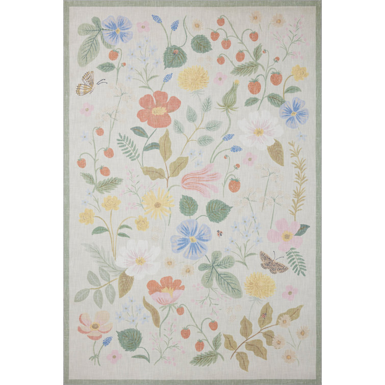 Ivory Floral Flat Woven Synthetic Rug, 3'-6" x 5'-6"