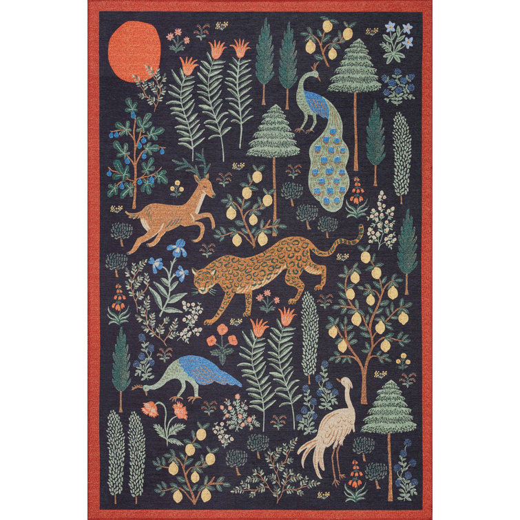 Whimsical Forest Creatures Black Synthetic Area Rug, 2'3" x 3'9"