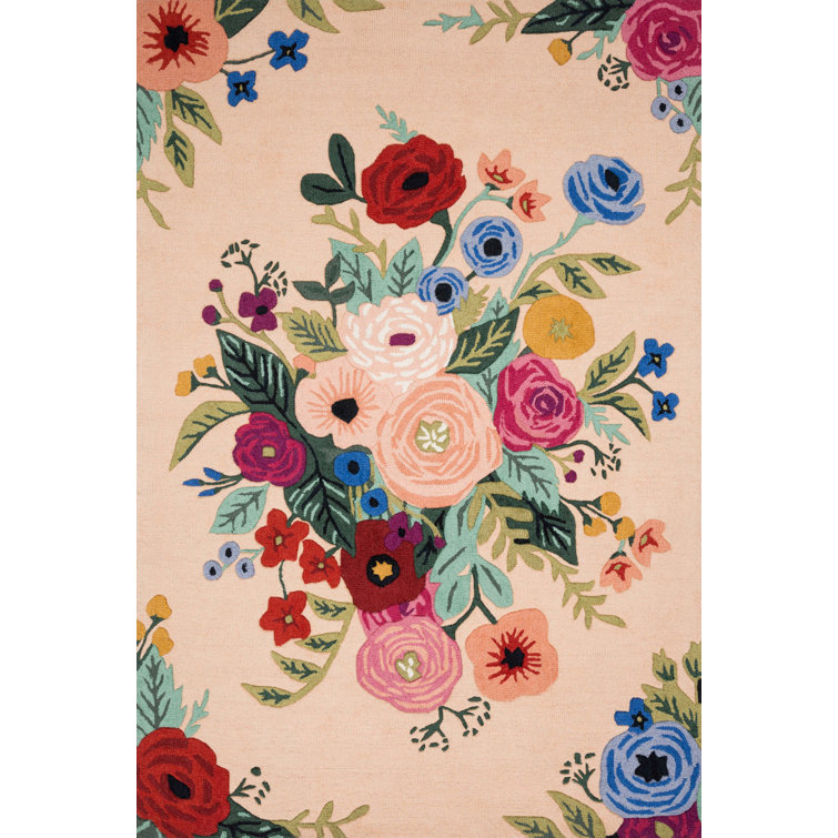 Les Fleurs Artisanal Blush Floral Wool Rectangular Rug