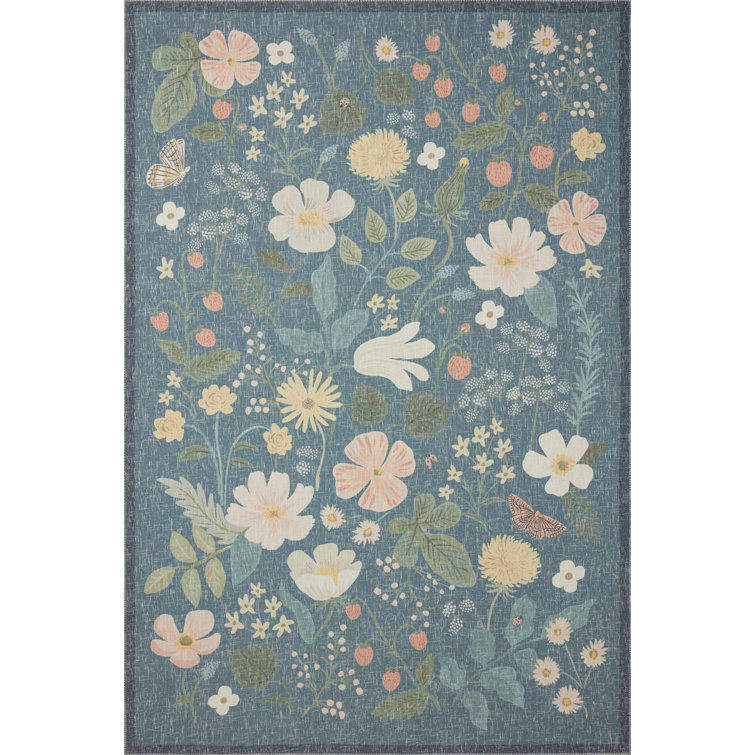 Teal Floral Synthetic Flat Woven Rectangular Rug