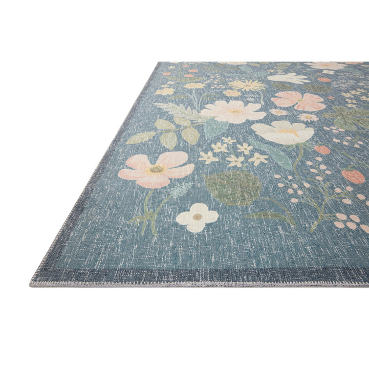 Teal Floral Synthetic Flat Woven Rectangular Rug 7'-6" x 9'-6"