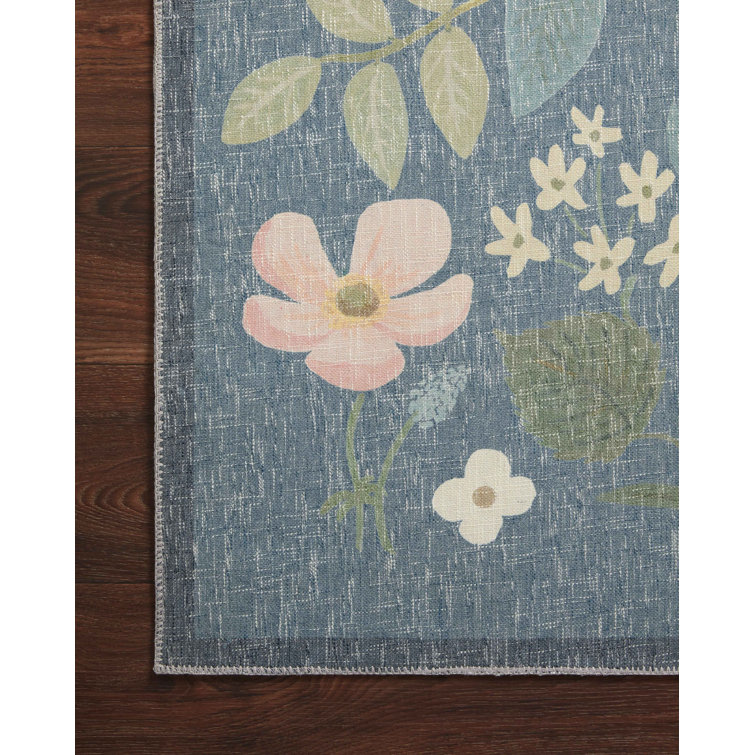 Teal Floral Synthetic Flat Woven Rectangular Rug 7'-6" x 9'-6"
