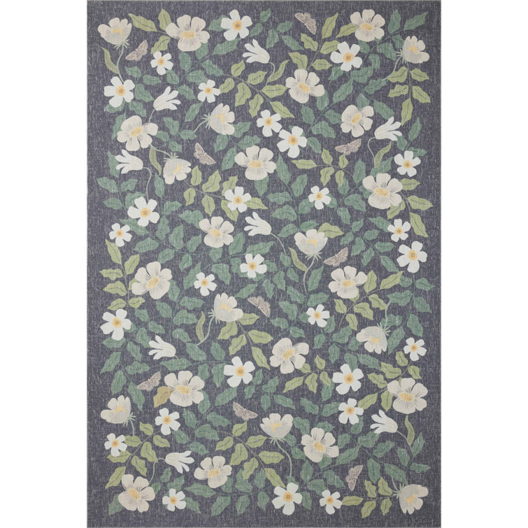 Charcoal Floral Synthetic Rectangular Area Rug 3'-6" x 5'-6"