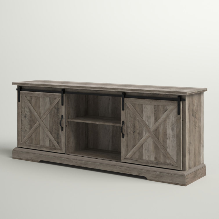 70" Gray Wash Sliding Barn Door TV Stand with Cabinet