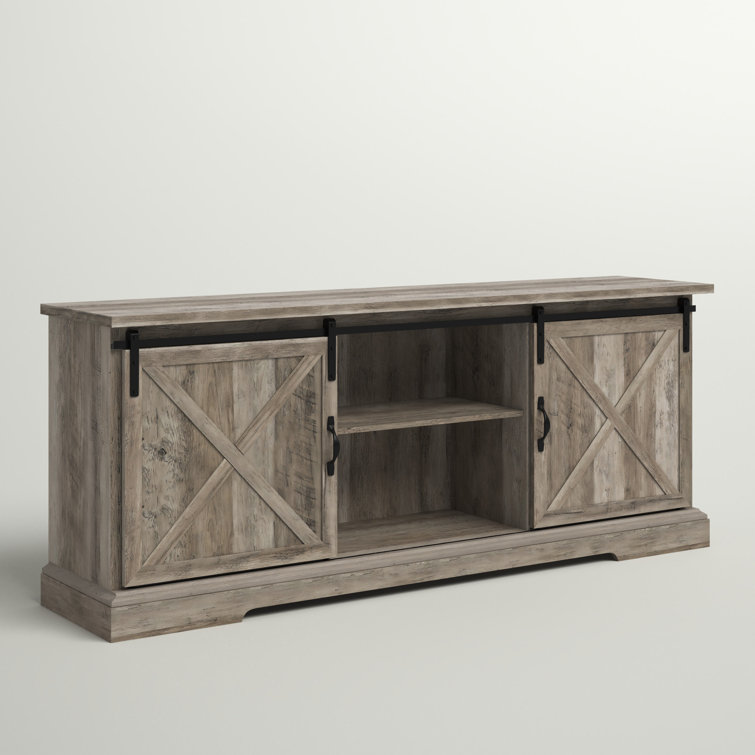 70" Gray Wash Sliding Barn Door TV Stand with Cabinet