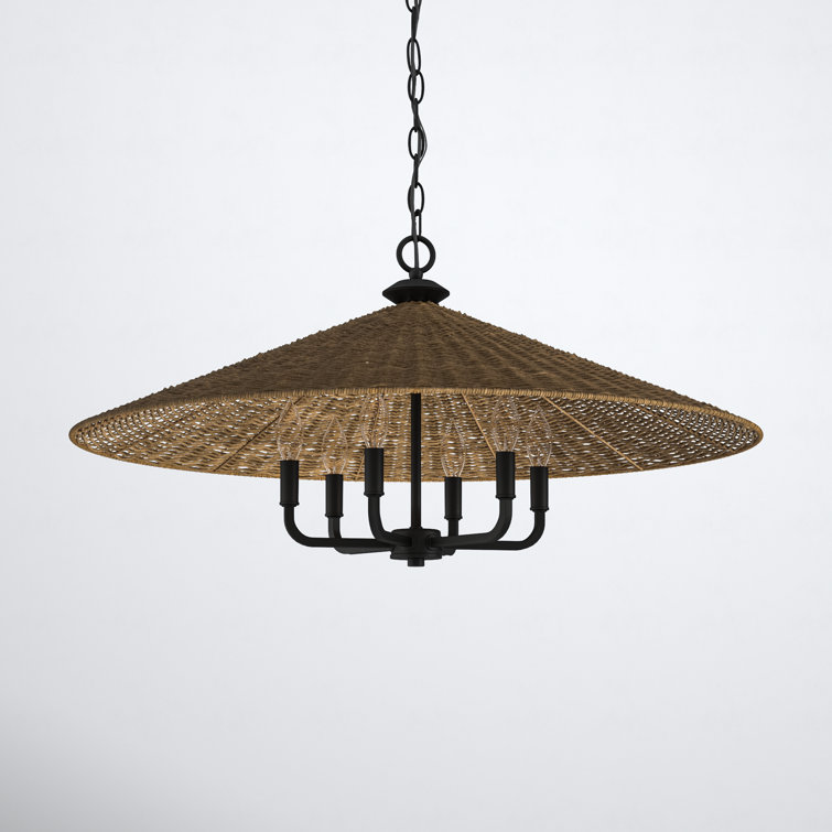 Matte Black and Natural Rattan 30" 6-Light Pendant