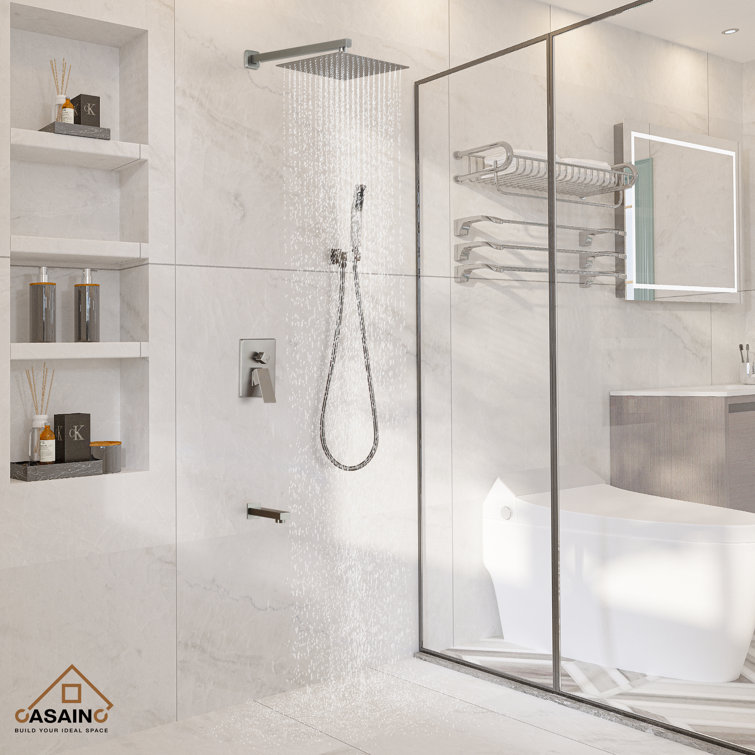 Brushed Nickel Wall-Mounted Rain Shower System with Handheld Head