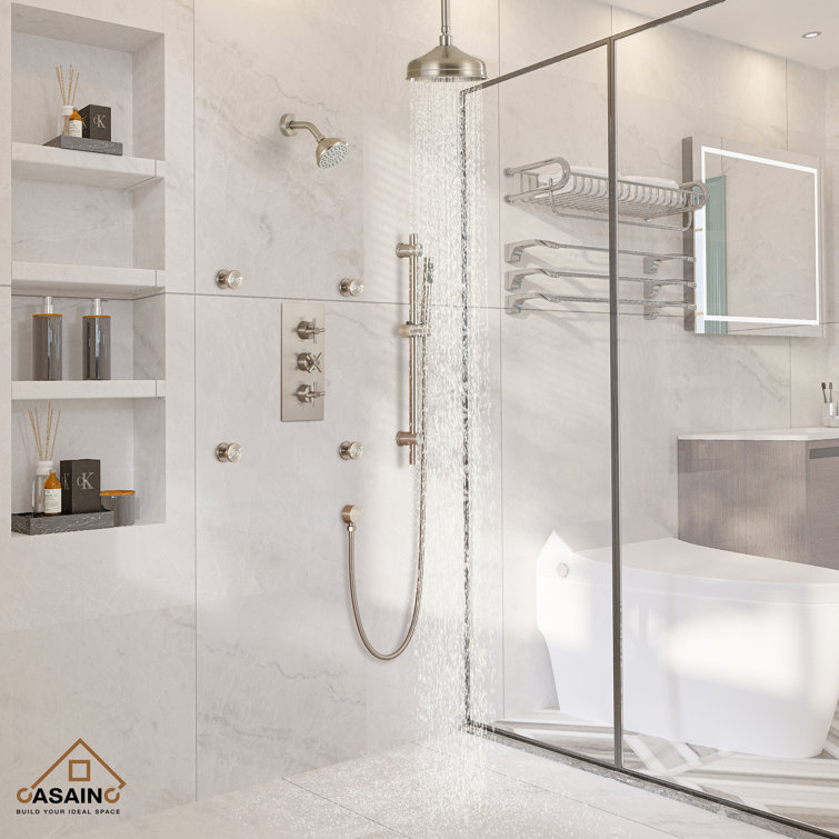 Brushed Nickel Dual Shower Head System with Body Jets