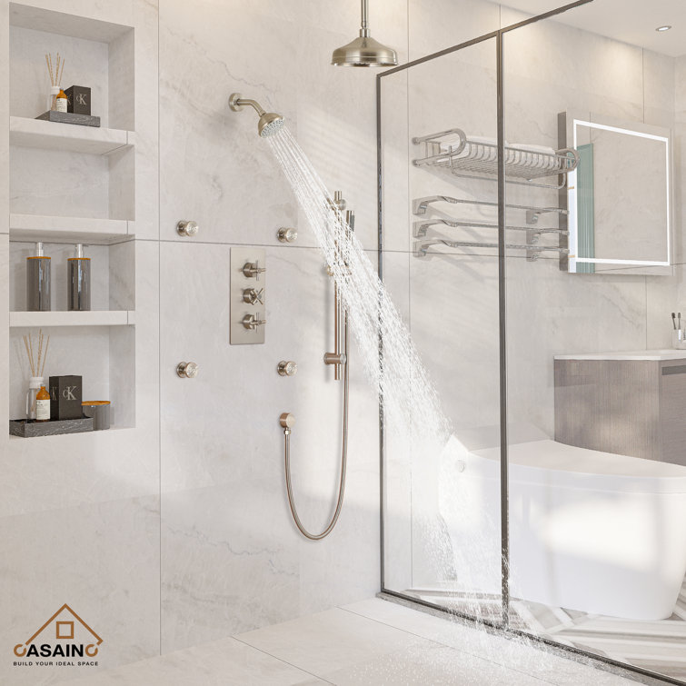 Brushed Nickel Dual Shower Head System with Body Jets
