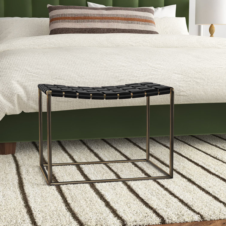 Sherill Black Leather Woven Industrial Accent Stool
