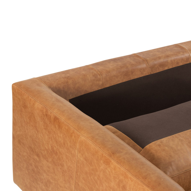Cognac Tan Leather Tufted Sofa with Solid Wood Legs