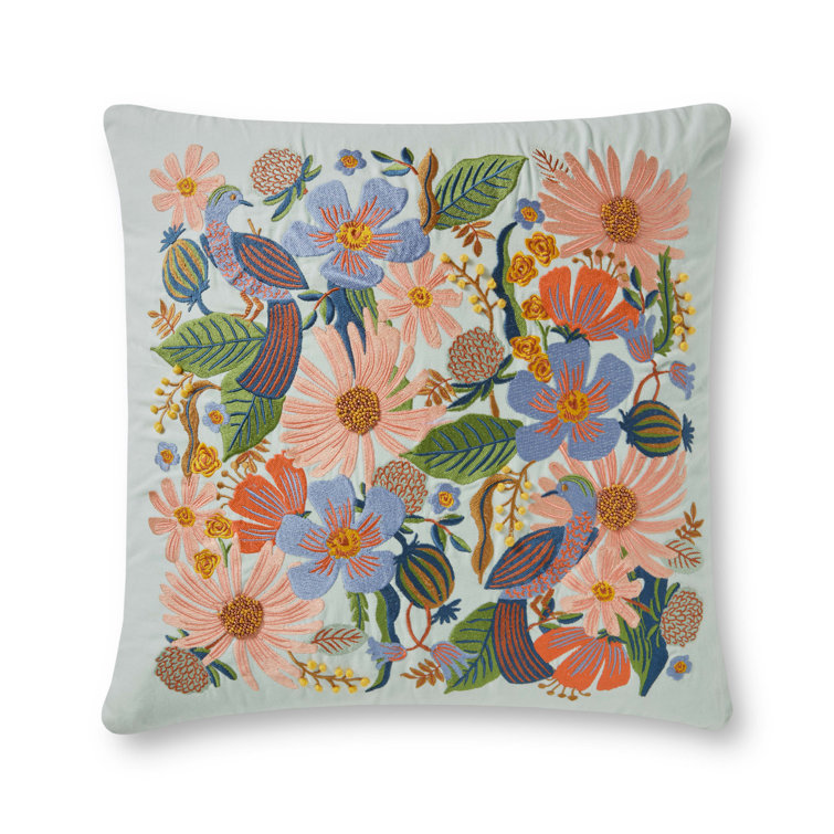Dovecote Multi Embroidered Floral 22" x 22" Cotton Pillow with Down Insert