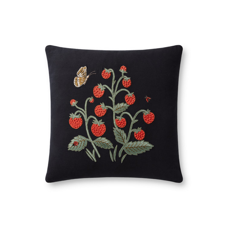 Strawberries Black Embroidered 18" x 18" Cotton Pillow Cover Set