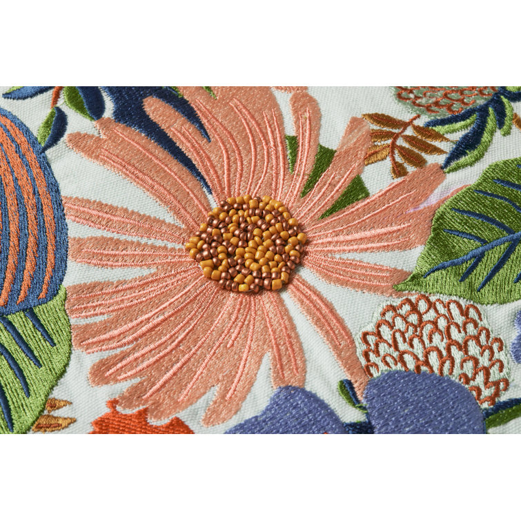 Dovecote Multi Embroidered Floral 22" x 22" Cotton Pillow with Down Insert
