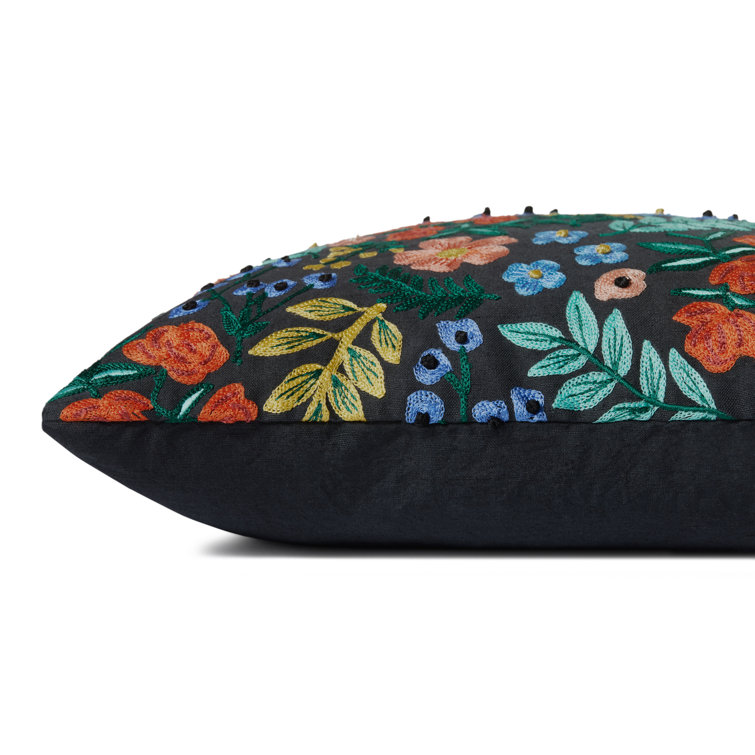 Embroidered Linen Lumbar Accent Pillow Set in Black