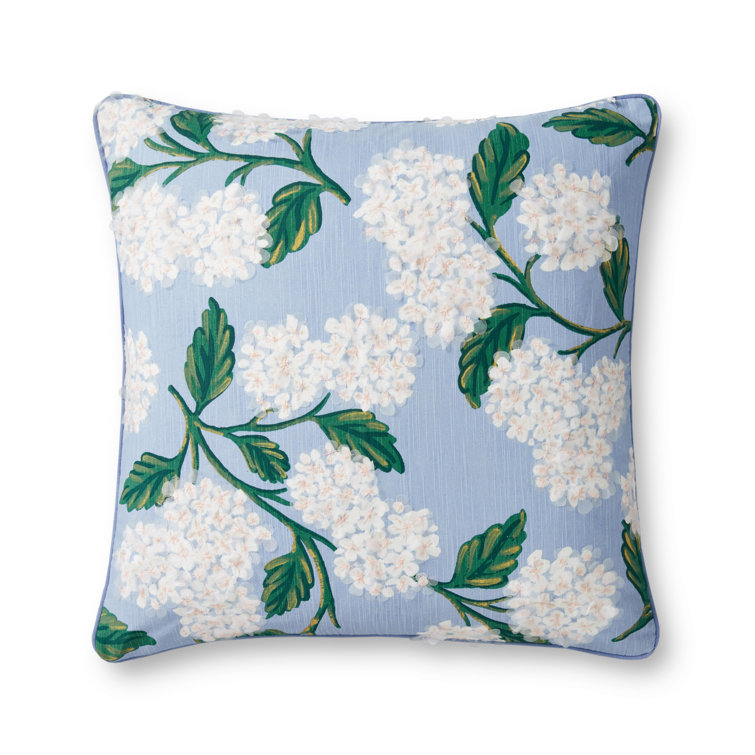 Sky Blue and Ivory Embroidered Cotton Throw Pillow with Hydrangea Design