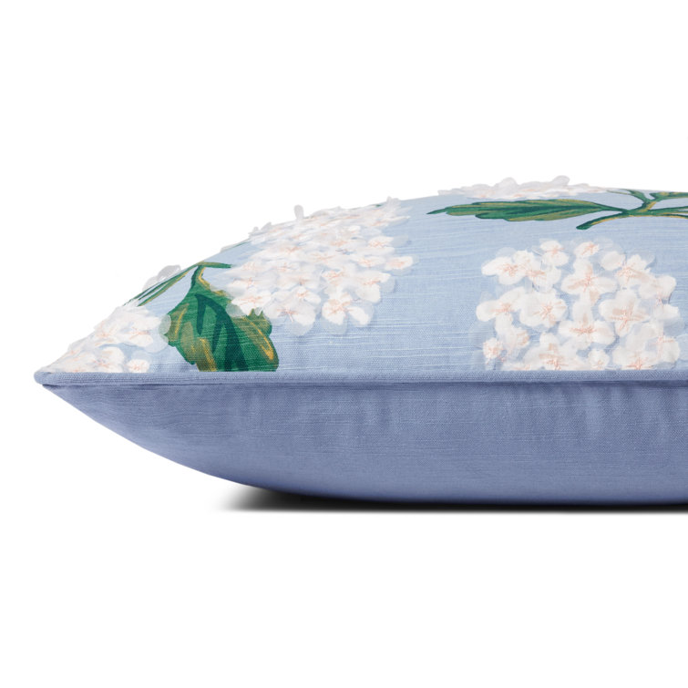 Sky Blue and Ivory Embroidered Cotton Throw Pillow with Hydrangea Design