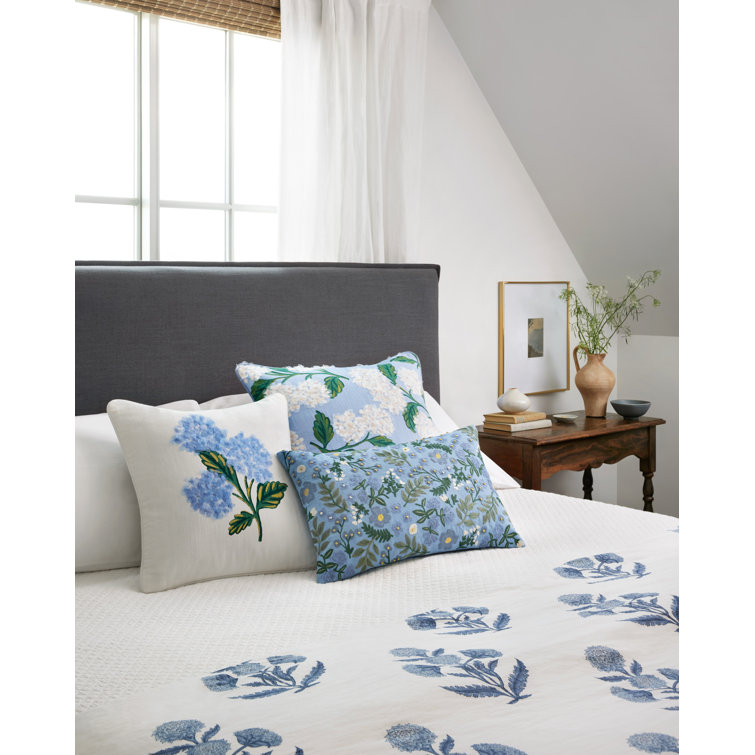 Sky Blue and Ivory Embroidered Cotton Throw Pillow with Hydrangea Design