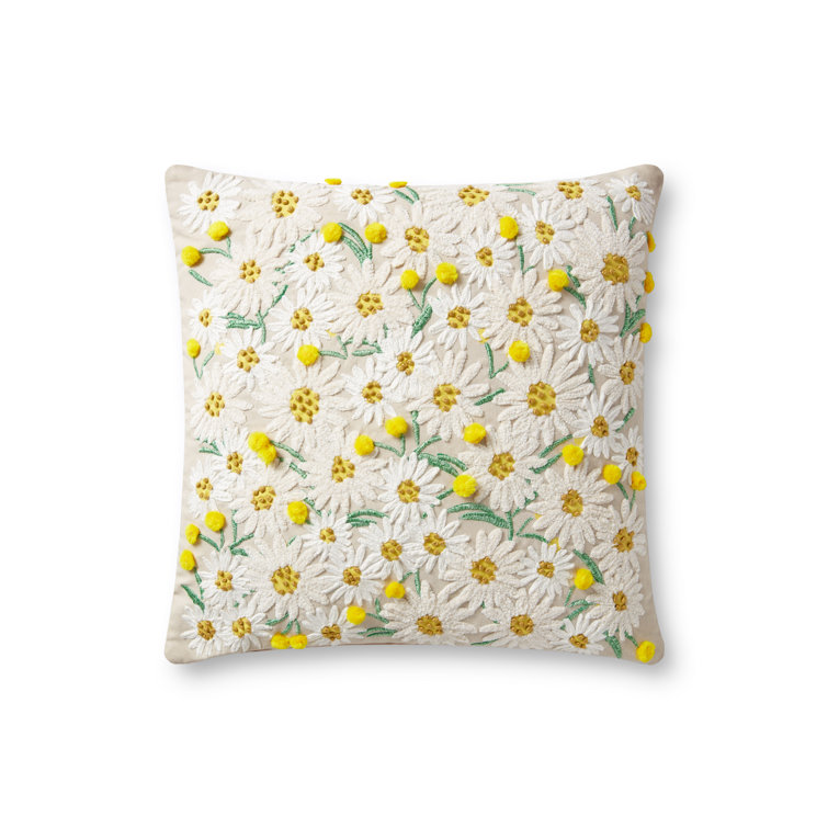 Daisies Beige Embroidered 18" x 18" Cotton Pillow Cover