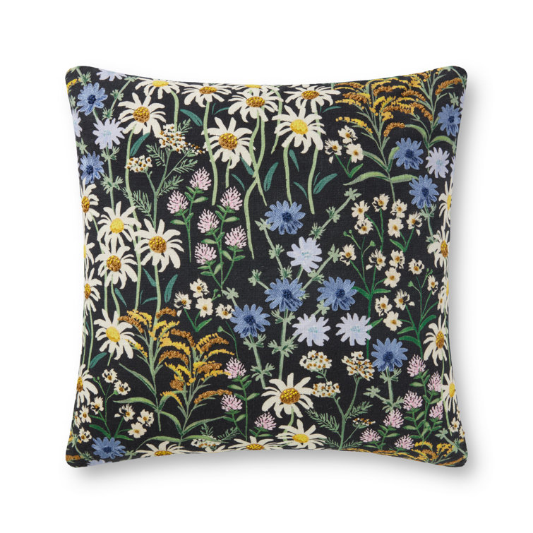 Black Embroidered Floral Square Cotton Pillow