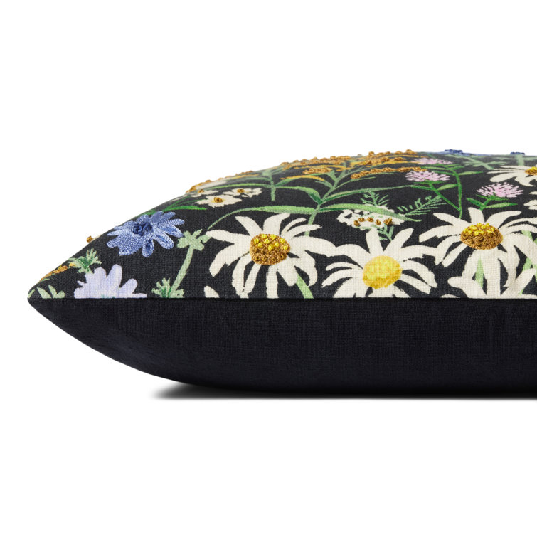 Black Embroidered Floral Square Cotton Pillow