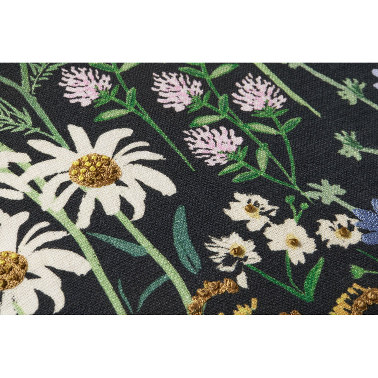 Black Embroidered Floral Square Cotton Pillow