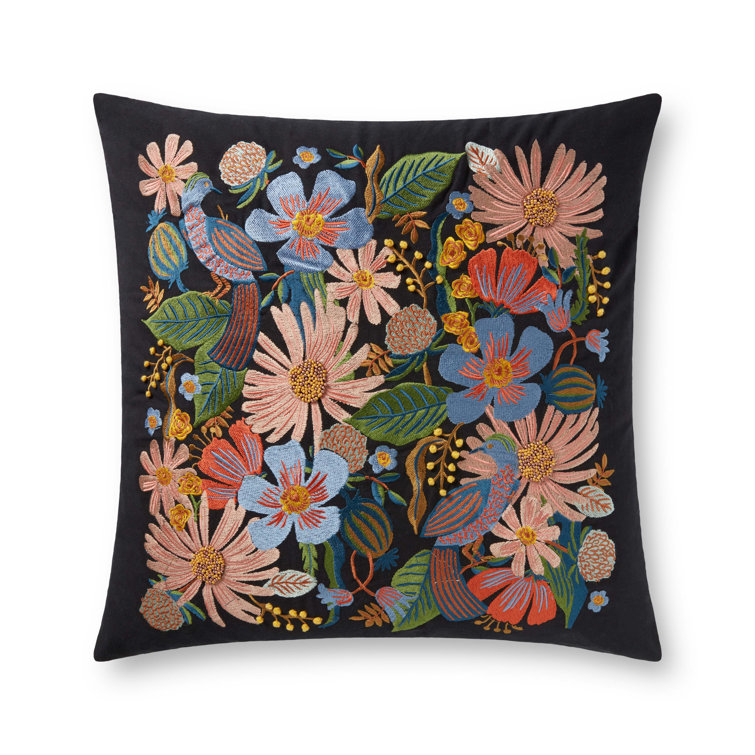 Dovecote Black Embroidered Floral 22" x 22" Cotton Pillow with Down Insert