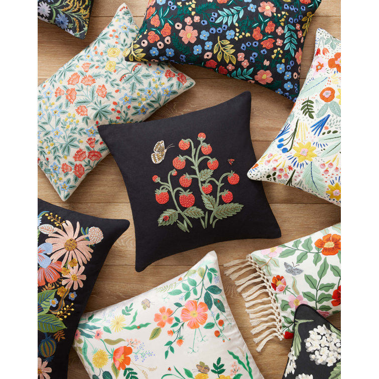 Dovecote Black Embroidered Floral 22" x 22" Cotton Pillow with Down Insert