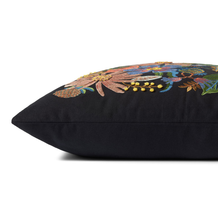 Dovecote Black Embroidered Floral 22" x 22" Cotton Pillow with Down Insert