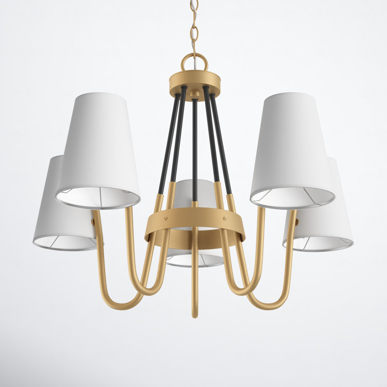 Heritage Brass and Black Drum Chandelier with Off-White Shades