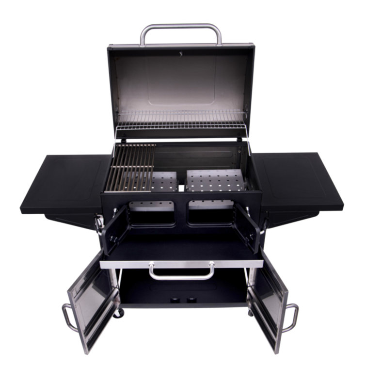 Large Black Steel Cabinet Charcoal Grill with Side Shelves