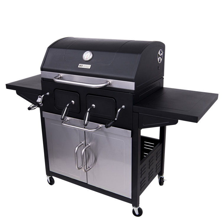 Large Black Steel Cabinet Charcoal Grill with Side Shelves