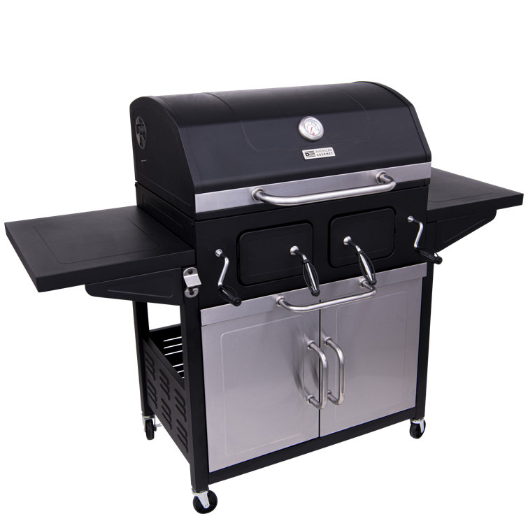 Large Black Steel Cabinet Charcoal Grill with Side Shelves