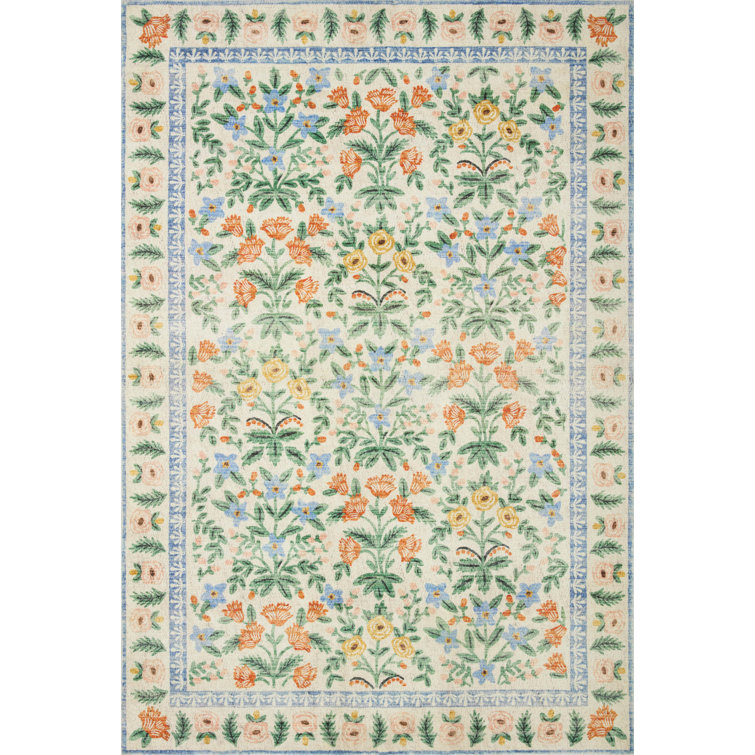 Cream Floral Elegance 45"x27" Rectangular Wool-Blend Area Rug