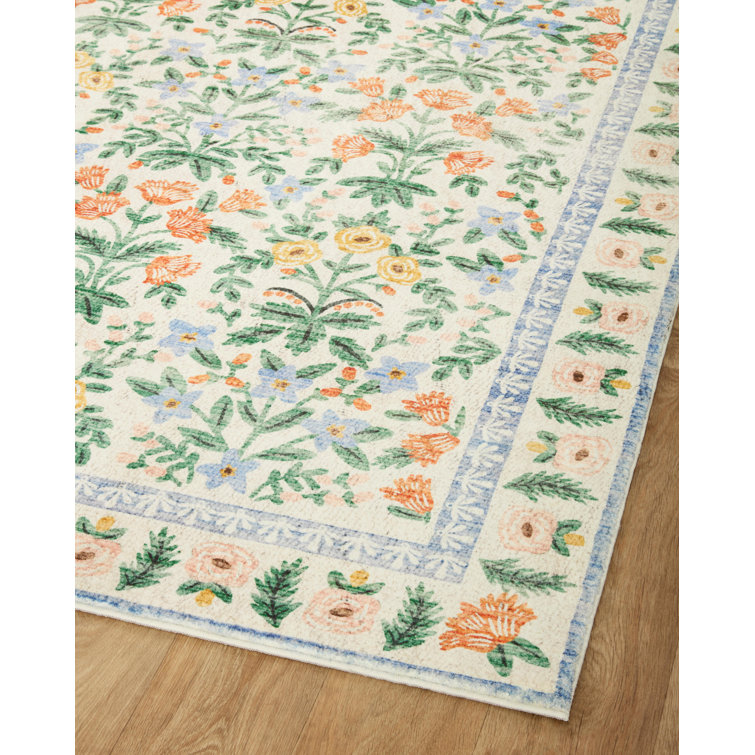 Cream Floral Elegance 45"x27" Rectangular Wool-Blend Area Rug