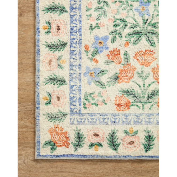 Cream Floral Elegance 45"x27" Rectangular Wool-Blend Area Rug