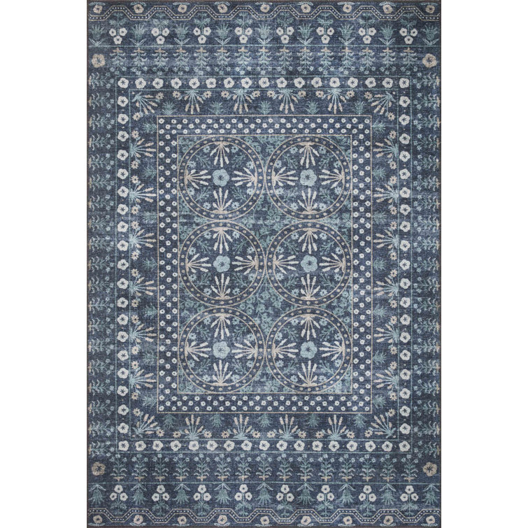 Rosette Blue Flat Woven Wool Synthetic Area Rug