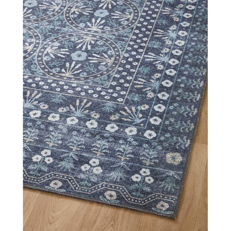 Rosette Blue Modern Floral Medallion Wool Blend 2'x5' Area Rug