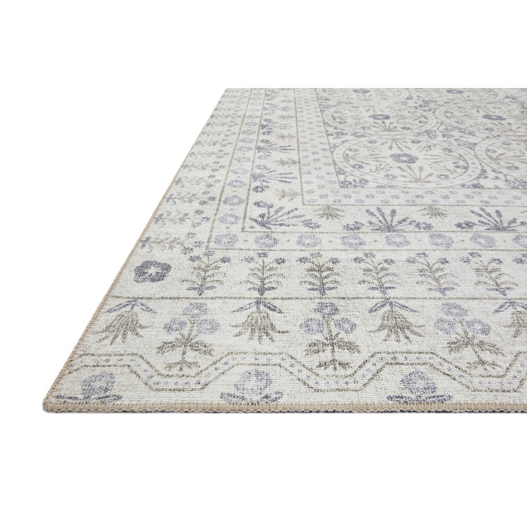 Ivory and Blue Synthetic Floral Runner Rug 2'-6" x 7'-6"