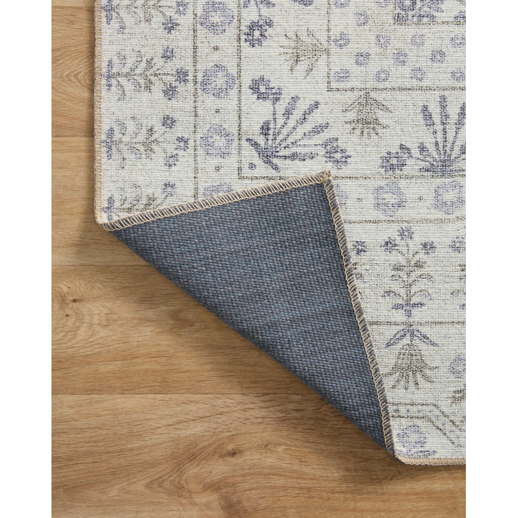 Ivory and Blue Synthetic Floral Runner Rug 2'-6" x 7'-6"